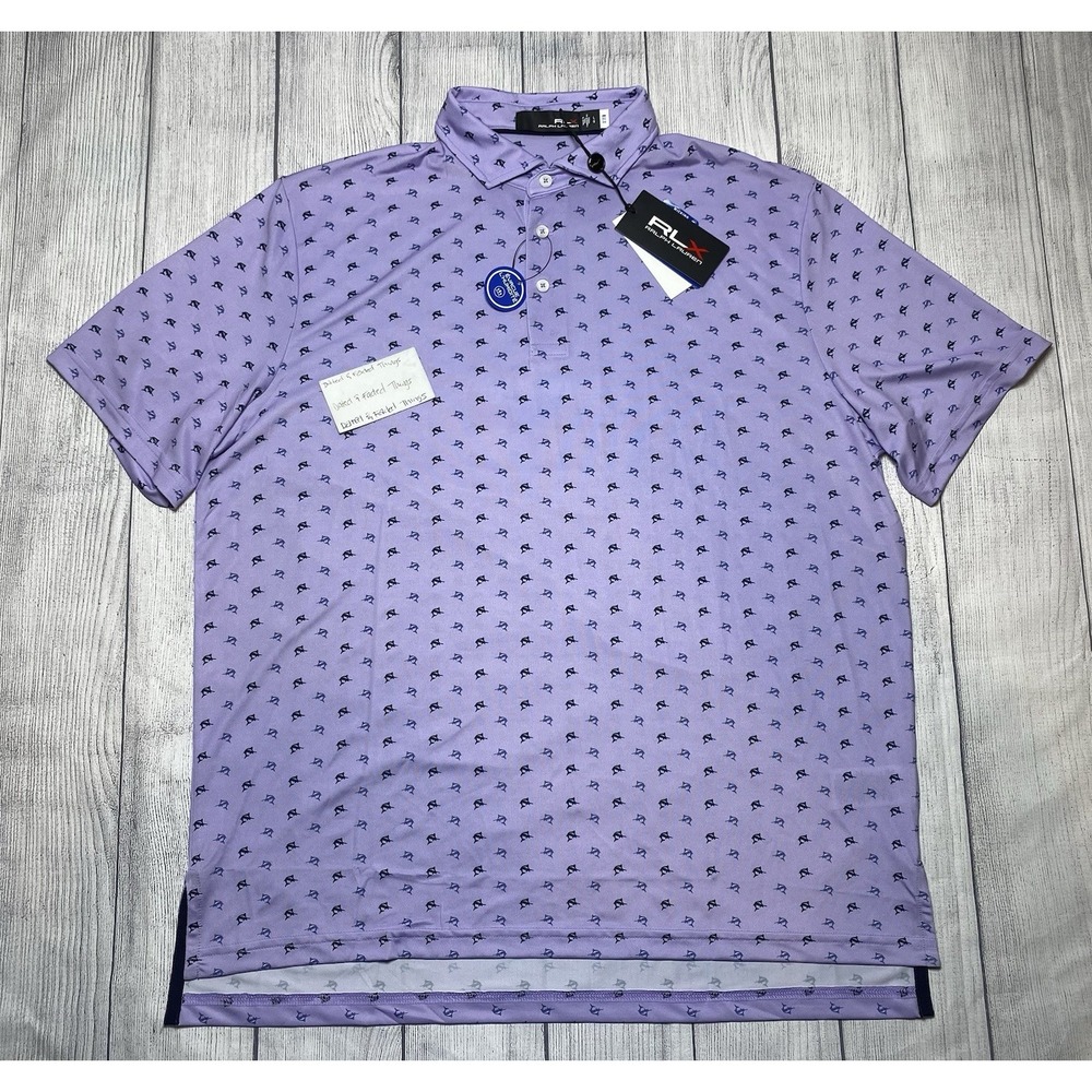 *NWT Men LARGE RLX Ralph Lauren Marlin Print Golf Performance Polo Shirt Purple